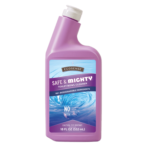Lavender bottle of Ecosense Safe & Mighty toilet bowl cleaner with a purple cap and blue label.