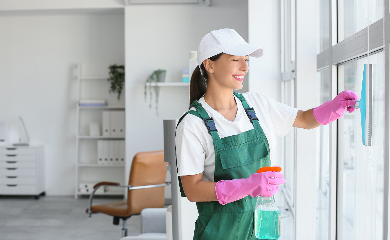 Cleaning woman with a white cap, pink gloves, white shirt, and green apron cleaning a window with a spray bottle in her hand.